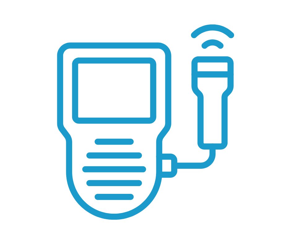 Blue line icon of a handheld Doppler ultrasound device with display screen and probe emitting sound waves