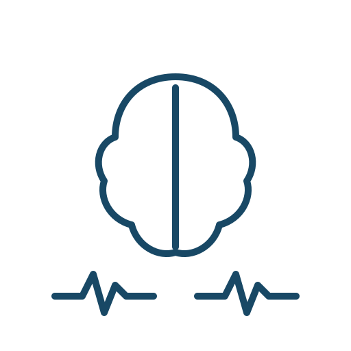 Blue icon of a brain with bilateral TCD monitoring waveform showing dual-channel blood flow measurement on transparent background