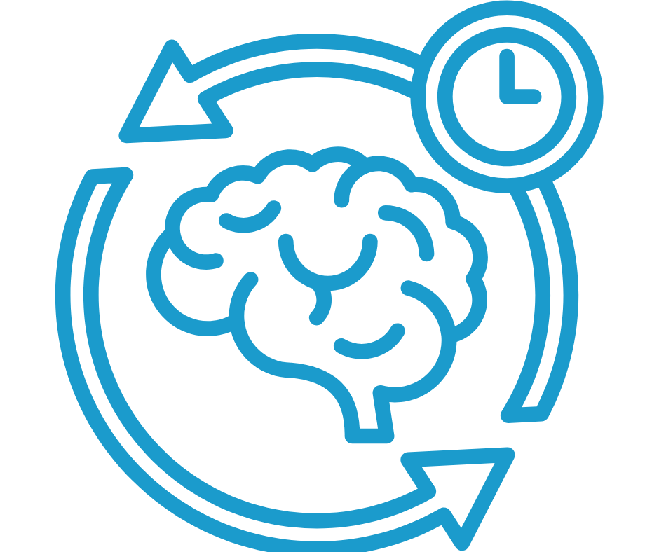 Blue line icon of a brain with circular arrows and a clock, representing cognitive processing and neurofeedback