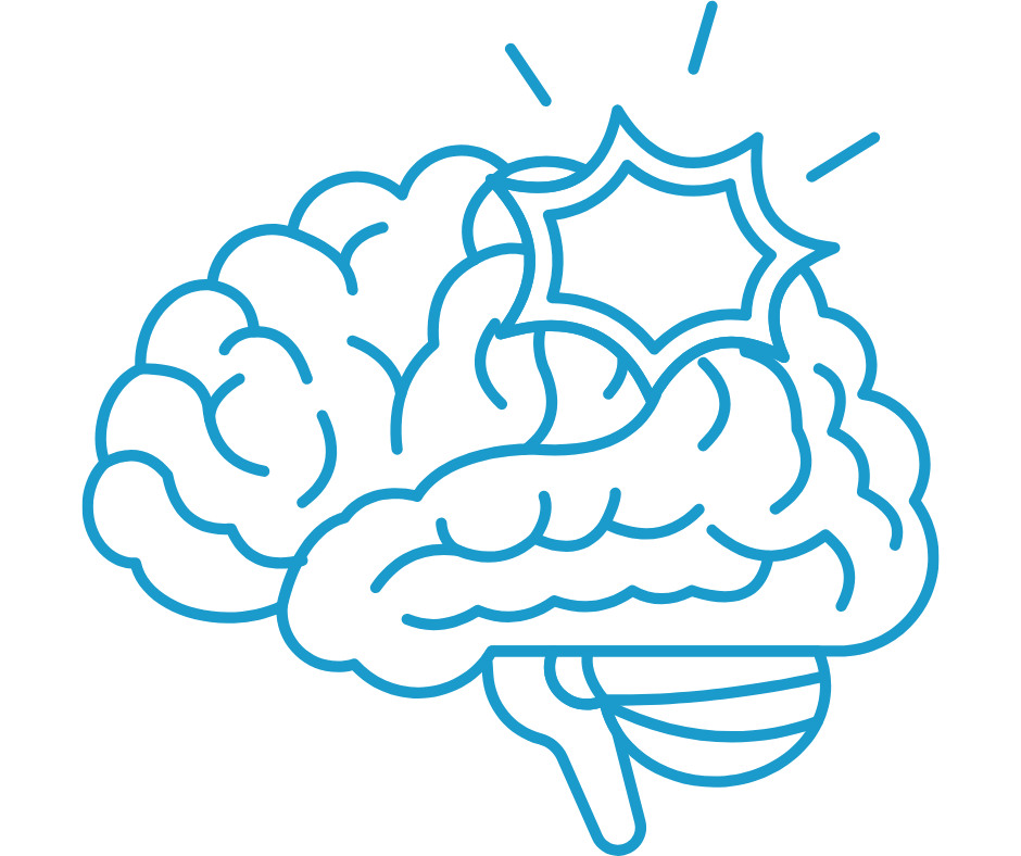 Blue line drawing of a brain with an illuminated burst effect, representing brain activity or neurological treatment