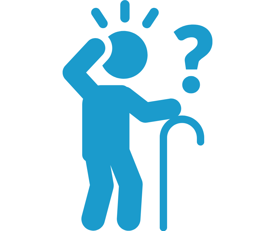 Blue icon of an elderly person using a walking cane with a question mark, representing memory concerns or neurological symptoms