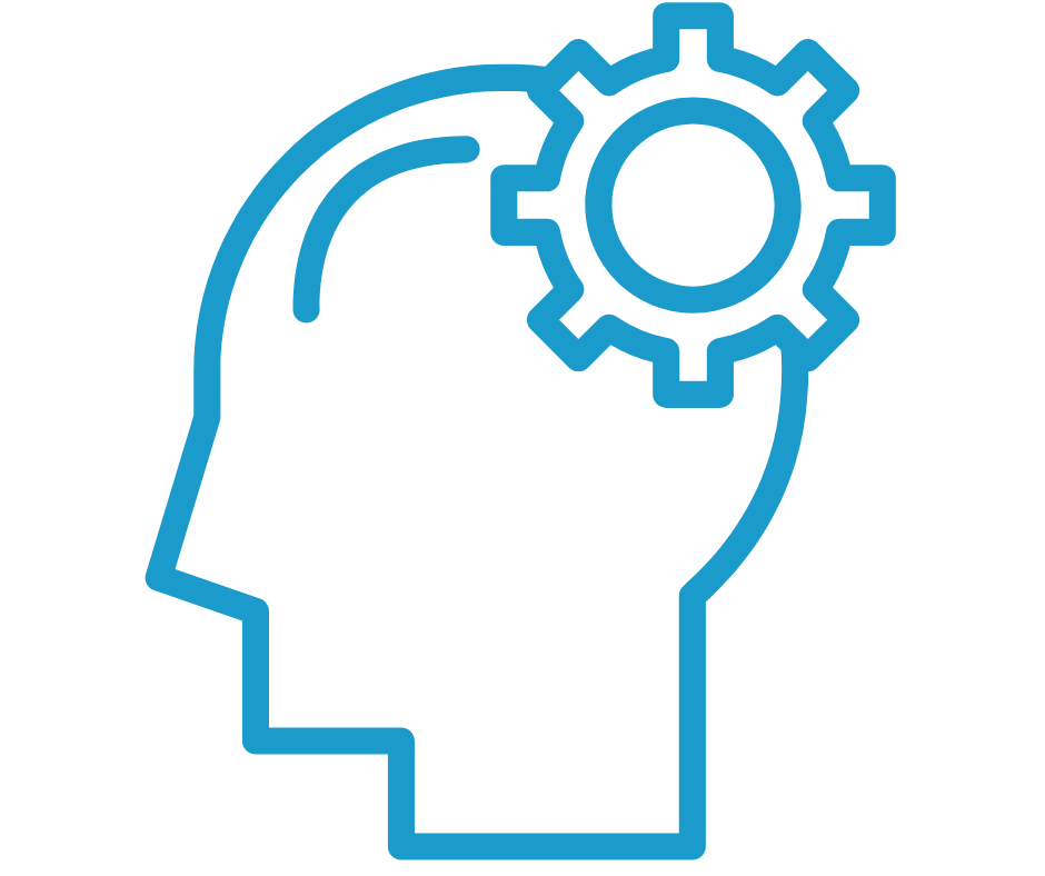 Blue outline icon of a human head profile with a gear inside, representing cognitive processing or brain technology