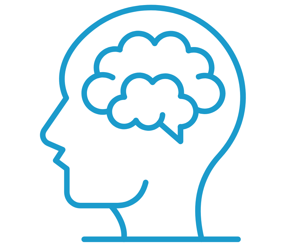 Blue outline of a head with a brain inside, symbolizing mental health or cognitive function