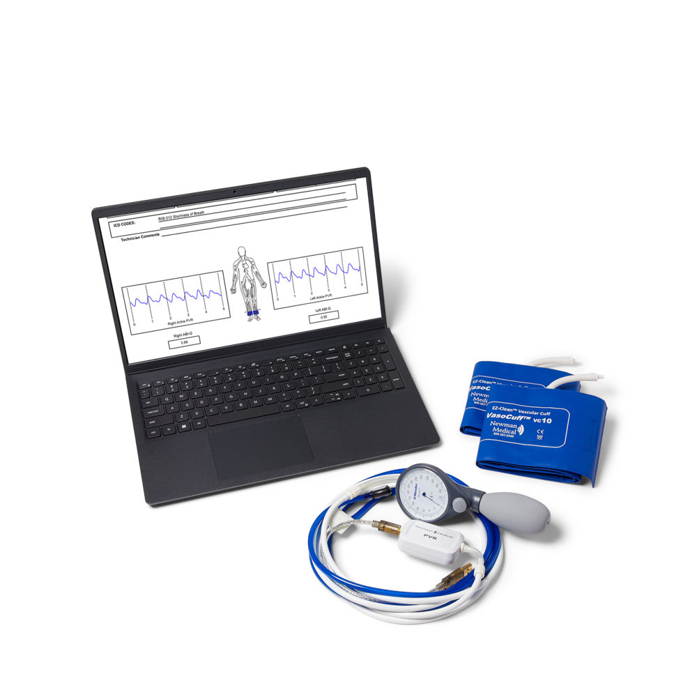 ABI-Q ankle-brachial index testing system with laptop displaying vascular waveforms, blood pressure cuff, and Doppler probe