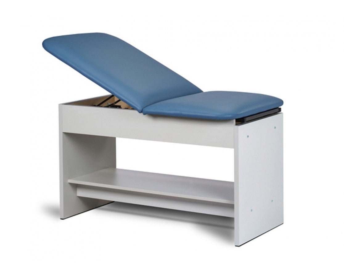 Clinton Exam Table w/ Shelf. Adjustable Back & Panel Leg.
