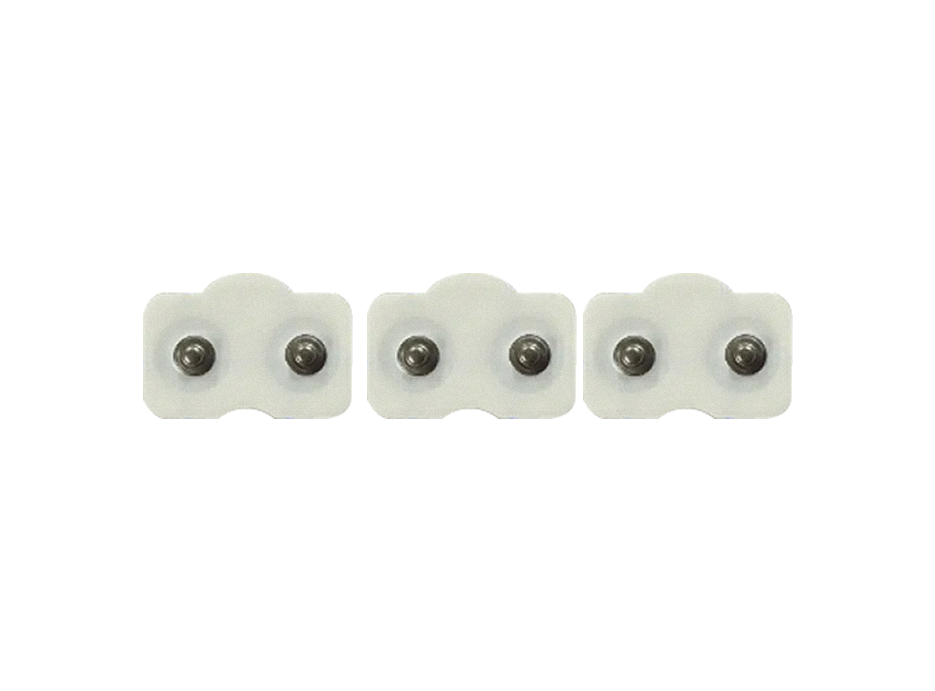 Three white adhesive patches with black screws on a white background