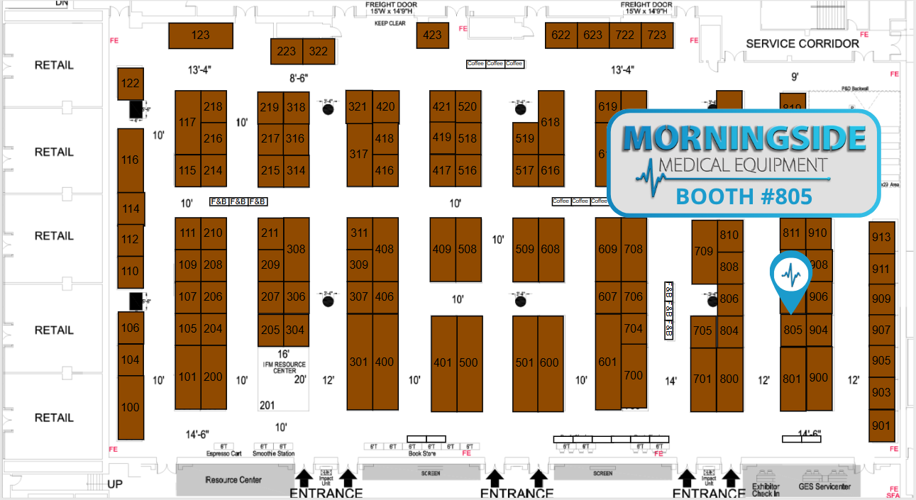 Map of a trade show floor with Morningside Medical Equipment booth #805 highlighted.