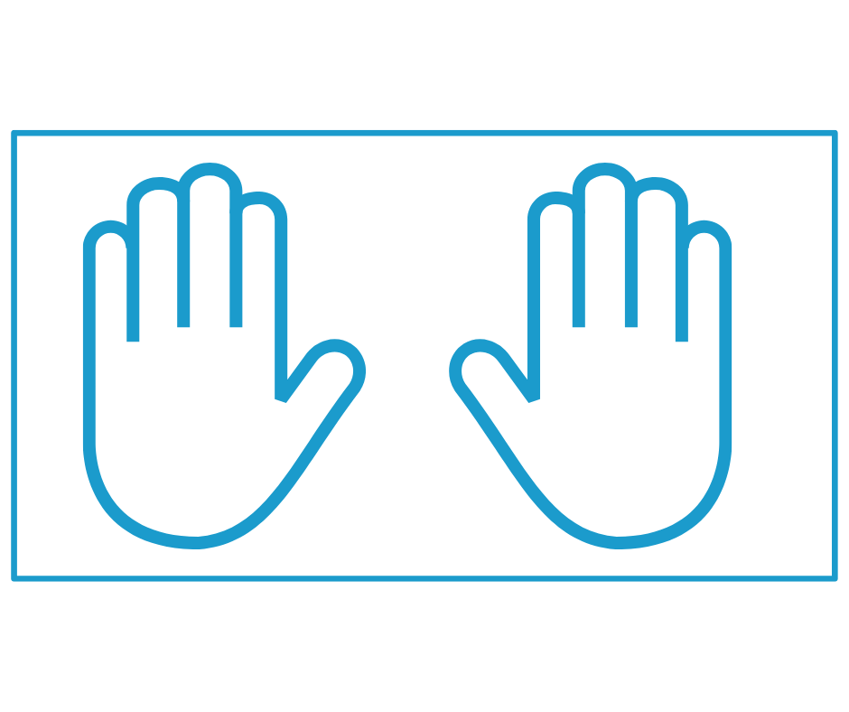 Blue outline icon of two hands representing sudomotor sweat gland testing for autonomic neuropathy on a white background