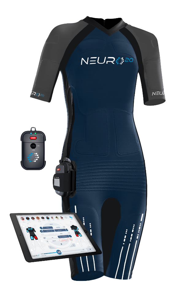 Neuro20 Pro EMS system complete package showing the full-body electrical muscle stimulation suit, wireless controller unit, and iPad software