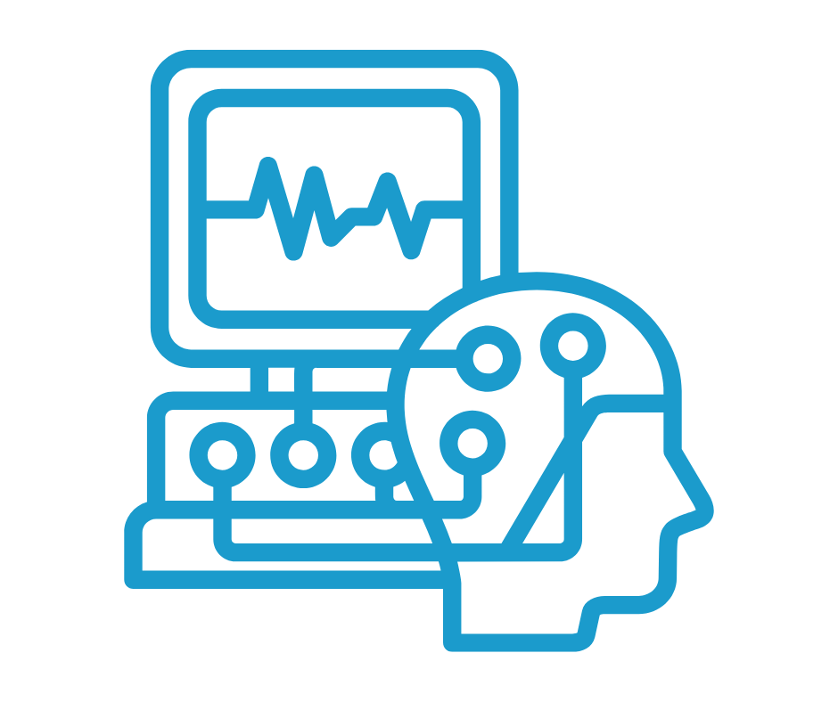 Blue icon of a qEEG brainwave monitoring system with computer display showing waveform and head with electrode connections