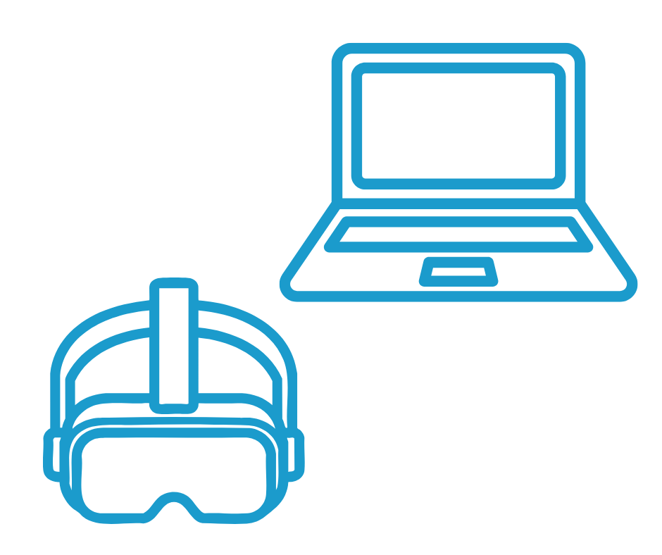 Blue outline icon of vestibular testing equipment including VNG goggles and laptop on a white background